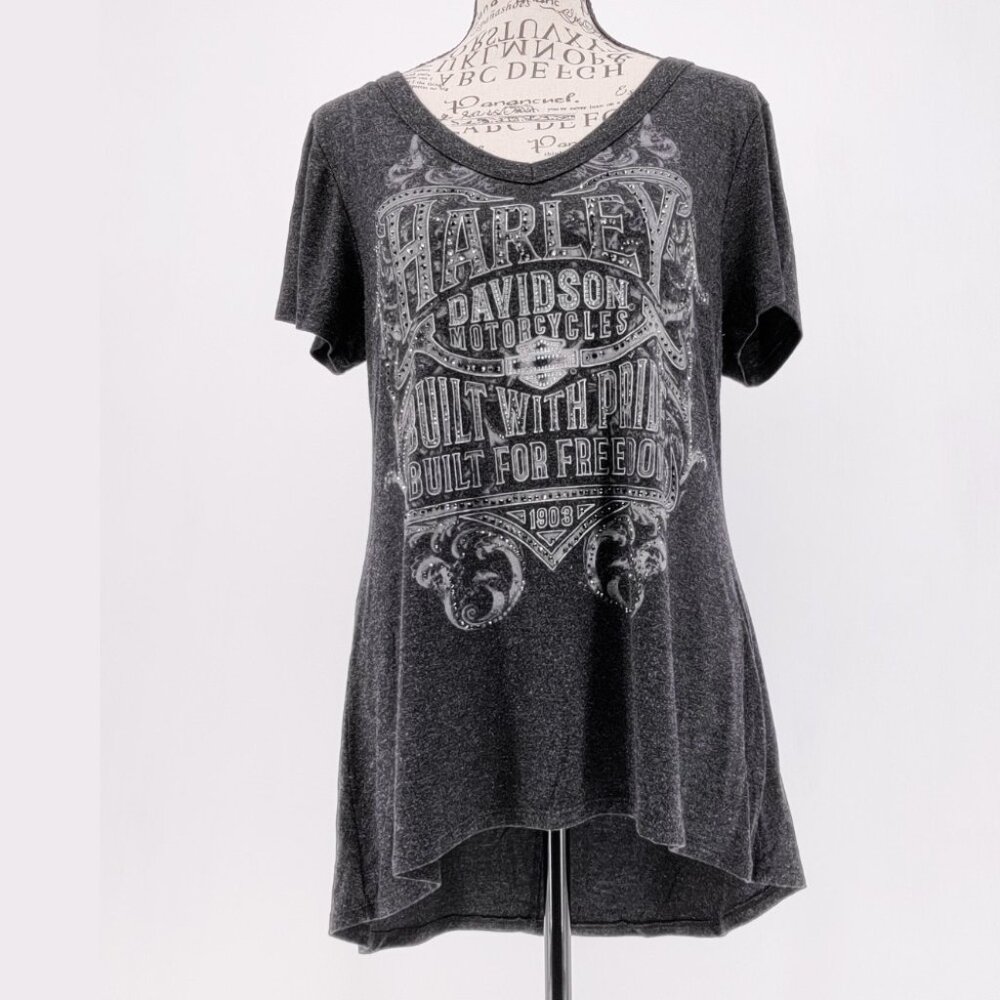 Harley Davidson Tee 1X Charcoal Metallic Rhinestone Graphic High-Low T-Shirt